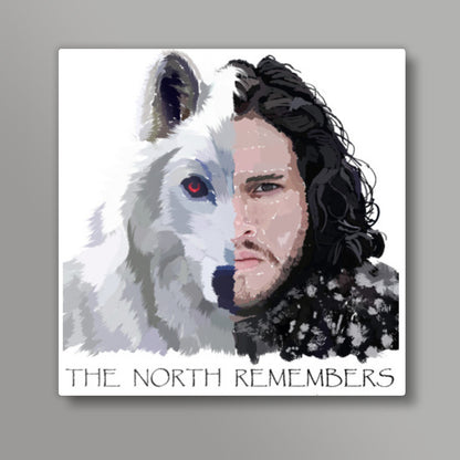 Jon Snow and Ghost captioned Square Art