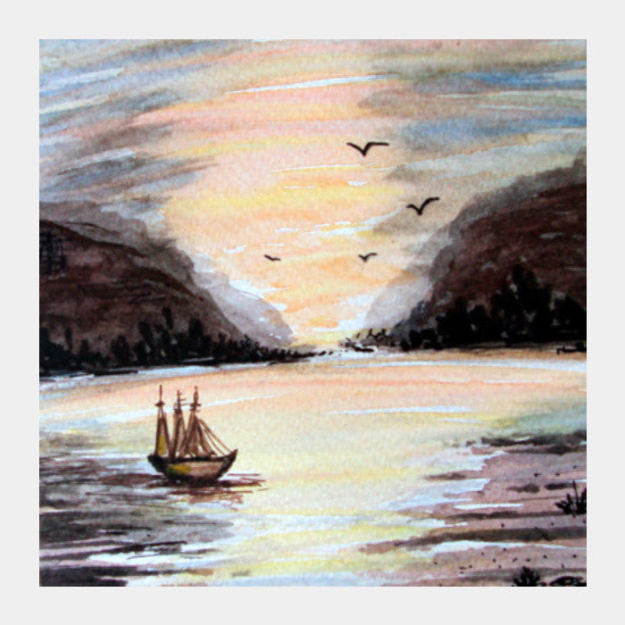 Square Art Prints, Sunset Landscape Watercolor Painting Square Art Prints